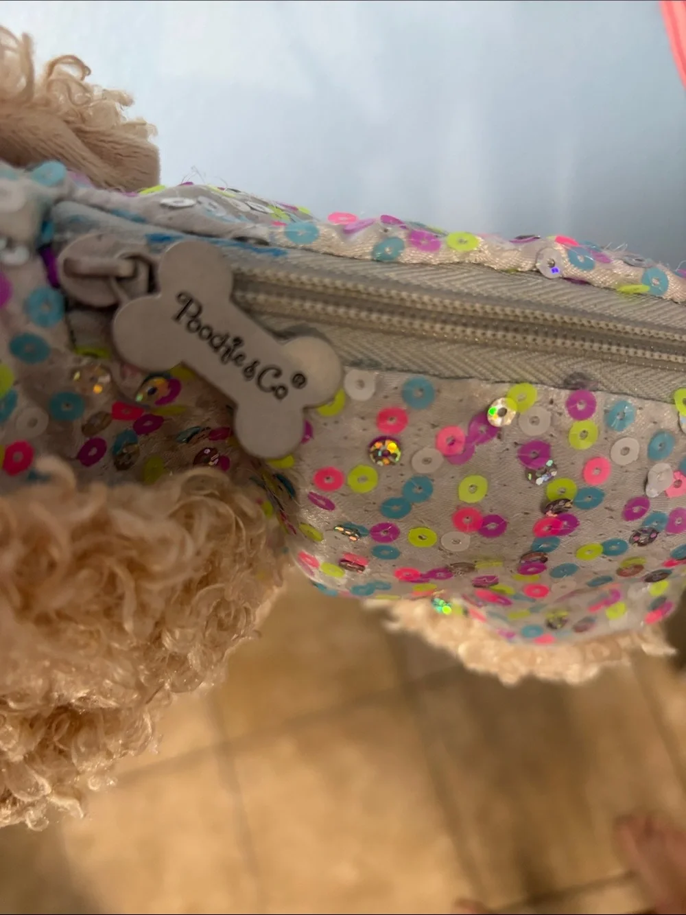 Poochie & Co Sequin Puppy Crossbody Bag with Pink Strap